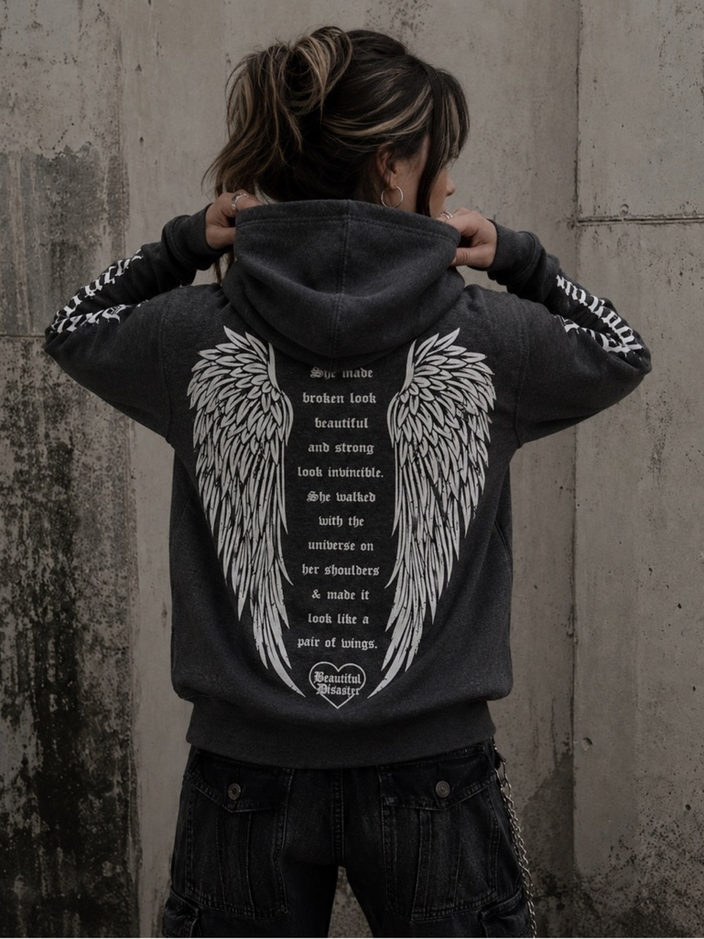 Beautiful Disaster Women’s Zip Up Hoodie Sz M Gray Angel Wings Goth Emo Y2K